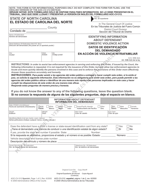 Form AOC-CV-312 Identifying Information About Defendant Domestic Violence Action - North Carolina (English/Spanish)