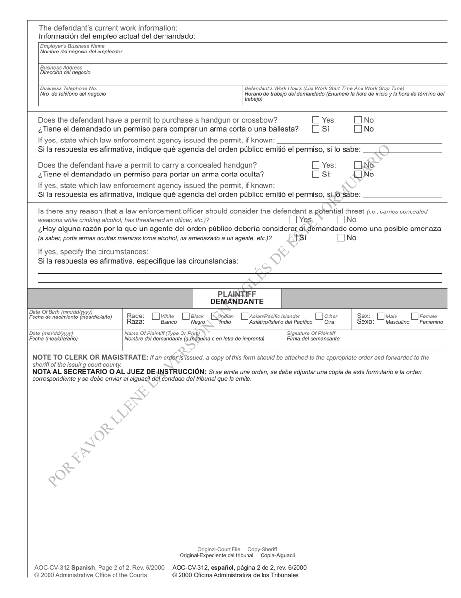 Form AOC-CV-312 Identifying Information About Defendant Domestic Violence Action - North Carolina (English / Spanish), Page 2