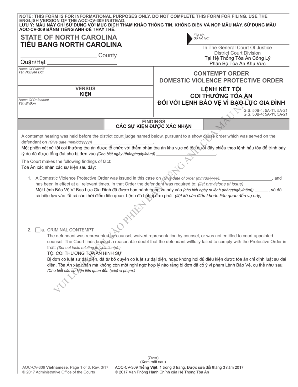 Form AOC-CV-309 Contempt Order Domestic Violence Protective Order - North Carolina (English / Vietnamese), Page 1