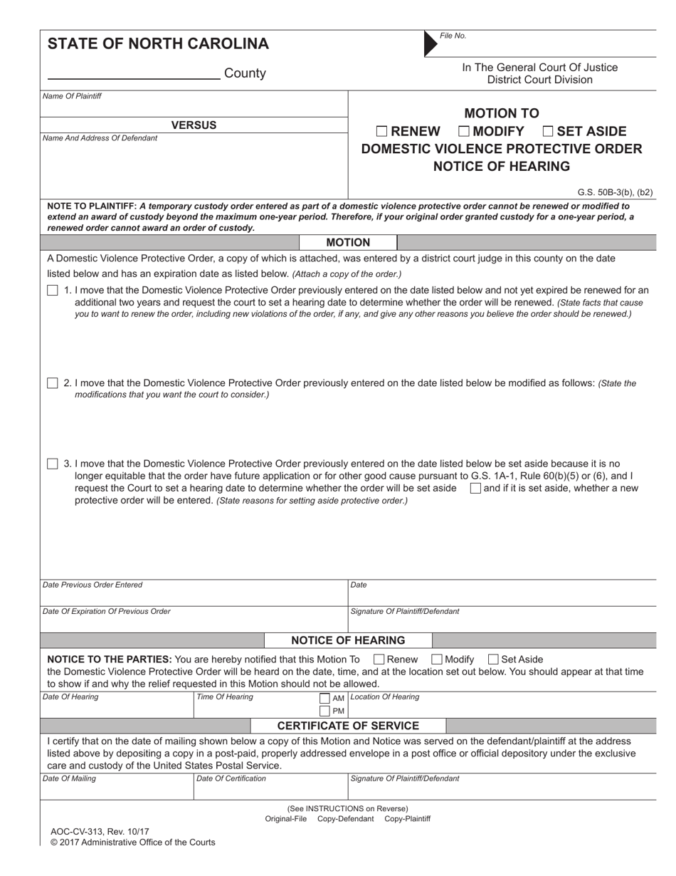 Form AOC-CV-313 Motion to Renew / Modify / Set Aside Domestic Violence Protective Order Notice of Hearing - North Carolina, Page 1