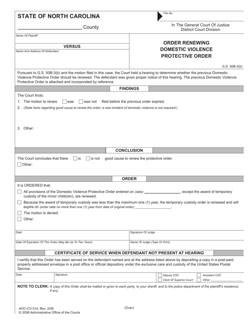 Form AOC-CV-314 Order Renewing Domestic Violence Protective Order - North Carolina