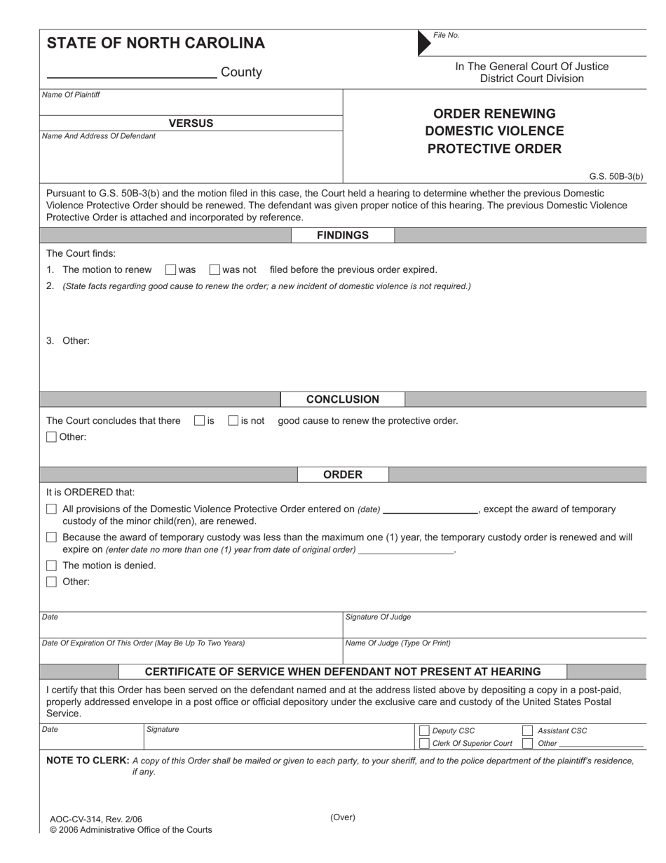 Form AOC-CV-314 Order Renewing Domestic Violence Protective Order - North Carolina, Page 1