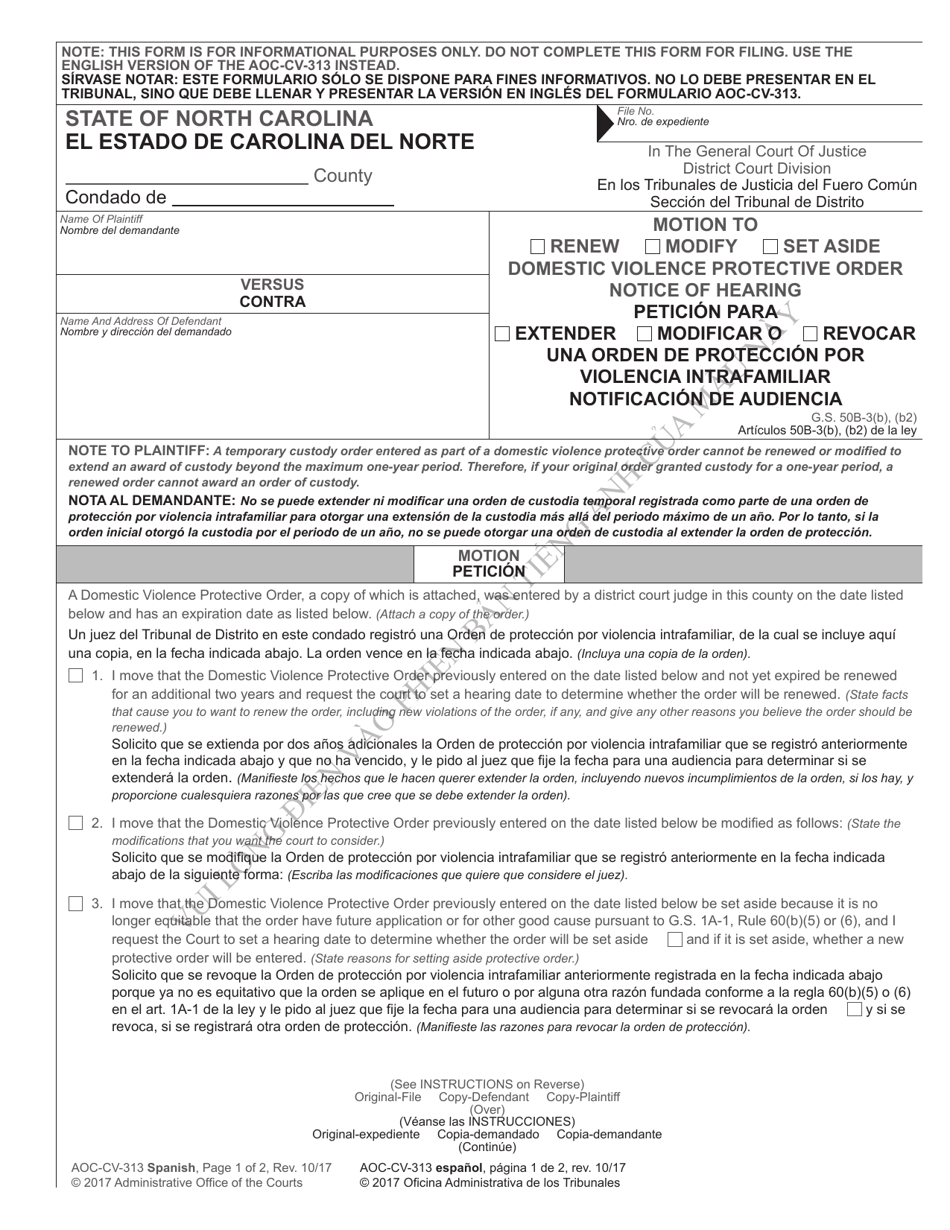 Form AOC-CV-313 Motion to Renew / Modify / Set Aside Domestic Violence Protective Order Notice of Hearing - North Carolina (English / Spanish), Page 1