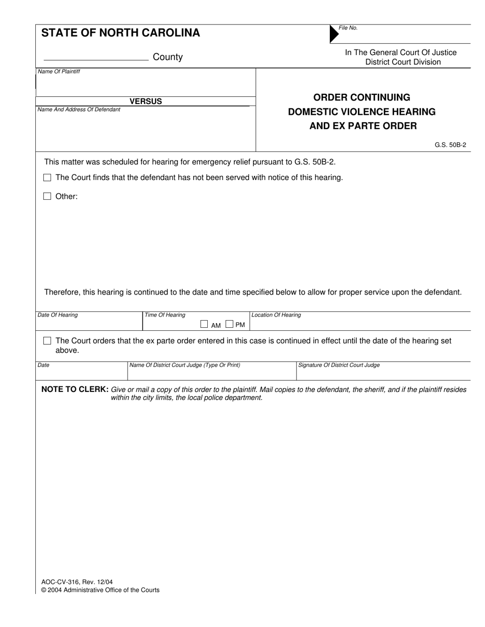 Form AOC-CV-316 Order Continuing Domestic Violence Hearing and Ex Parte Order - North Carolina, Page 1