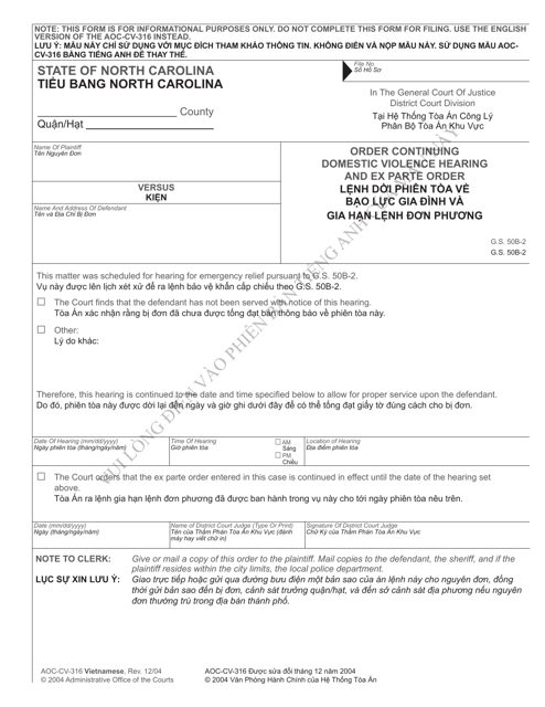 Form AOC-CV-316 Order Continuing Domestic Violence Hearing and Ex Parte Order - North Carolina (English/Vietnamese)