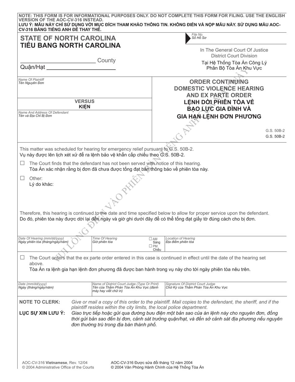 Form AOC-CV-316 Order Continuing Domestic Violence Hearing and Ex Parte Order - North Carolina (English / Vietnamese), Page 1