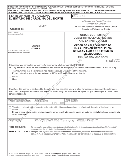 Form AOC-CV-316 Order Continuing Domestic Violence Hearing and Ex Parte Order - North Carolina (English/Spanish)