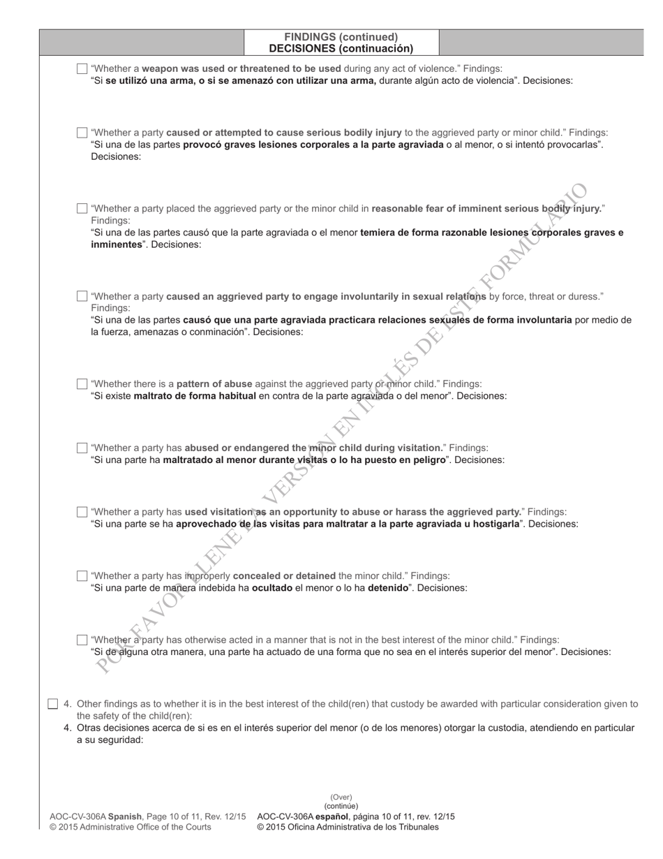 Form AOC-CV-306 Domestic Violence Order of Protection - North Carolina (English / Spanish), Page 10