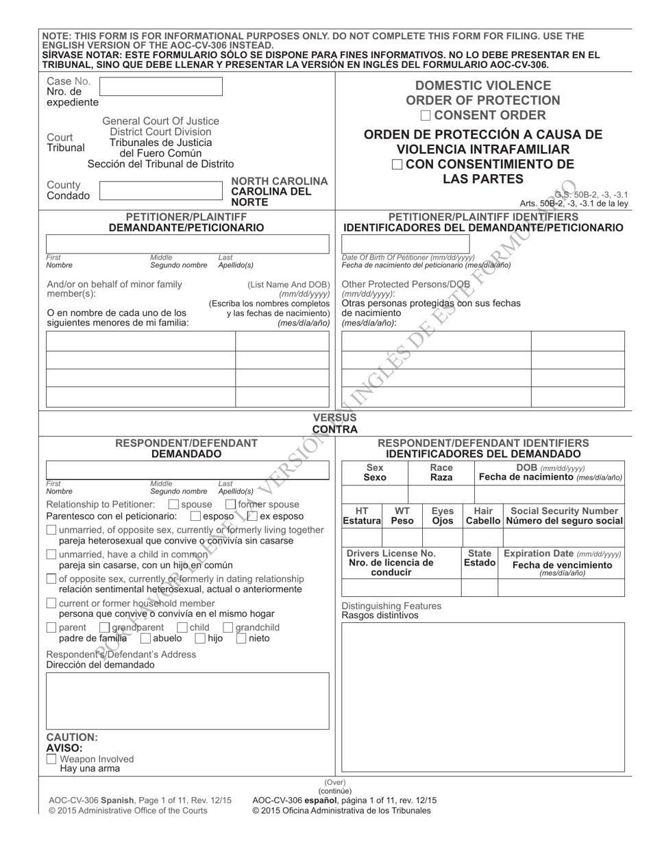 Form AOC-CV-306 Domestic Violence Order of Protection - North Carolina (English/Spanish), Page 1