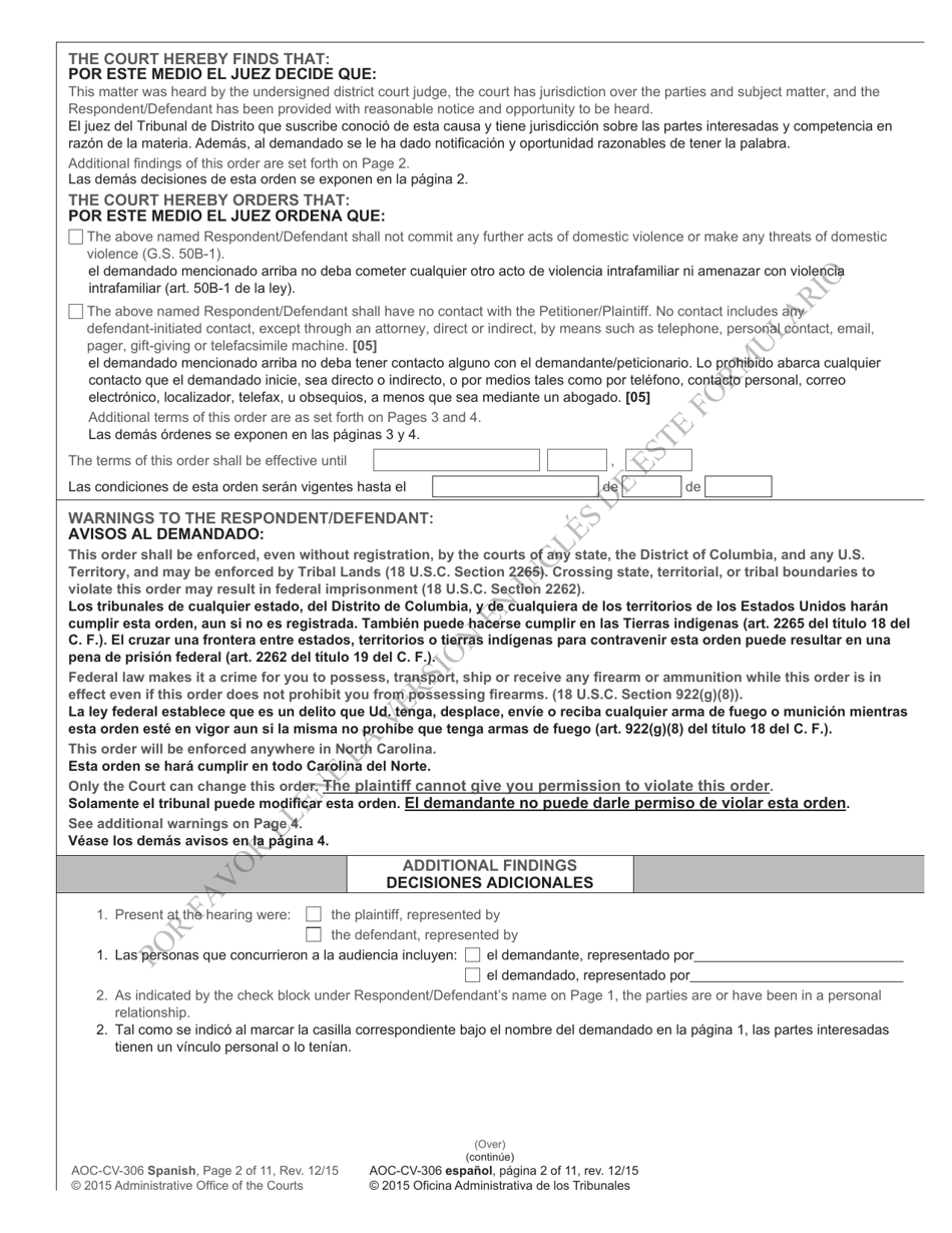 Form AOC-CV-306 Domestic Violence Order of Protection - North Carolina (English / Spanish), Page 2
