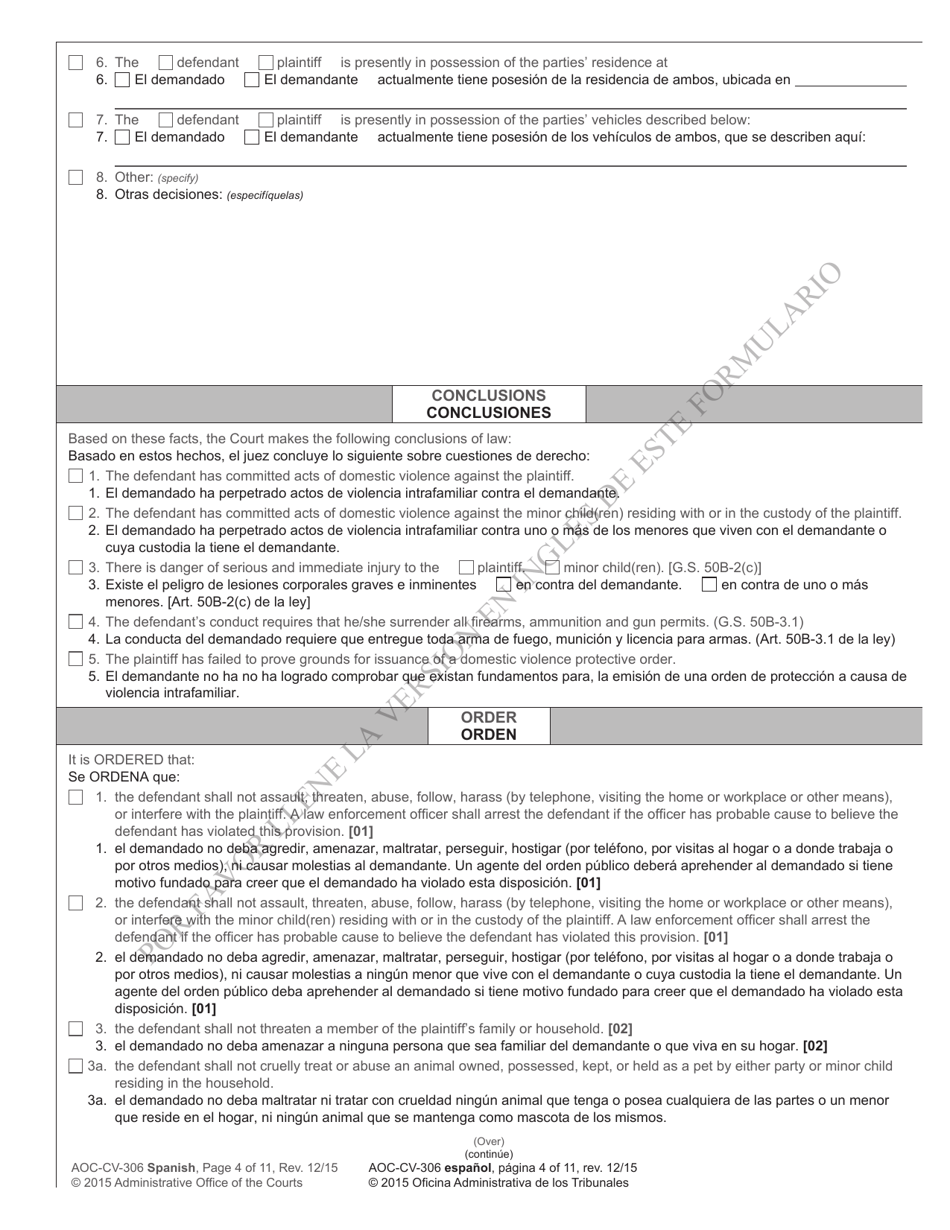 Form AOC-CV-306 Domestic Violence Order of Protection - North Carolina (English / Spanish), Page 4