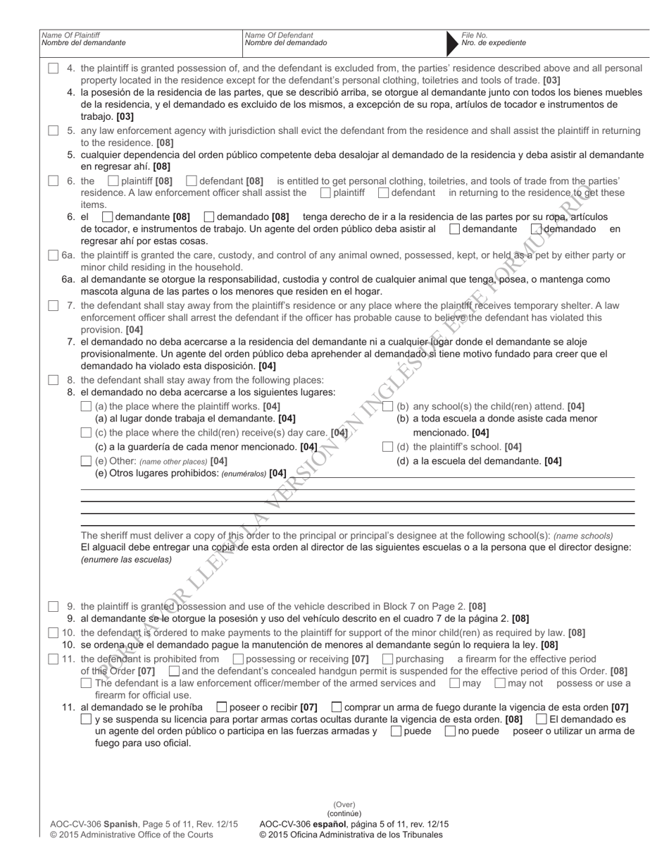 Form AOC-CV-306 Domestic Violence Order of Protection - North Carolina (English / Spanish), Page 5