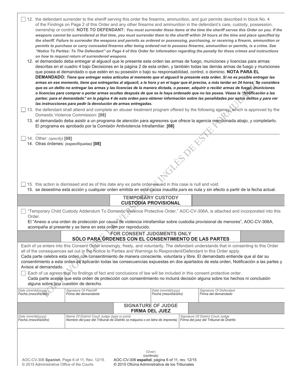 Form AOC-CV-306 Domestic Violence Order of Protection - North Carolina (English / Spanish), Page 6
