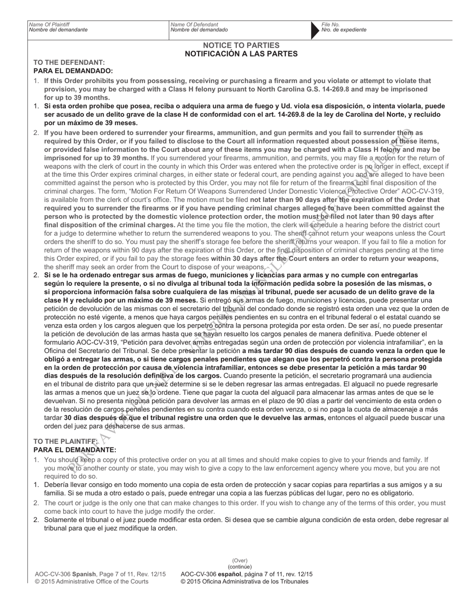 Form AOC-CV-306 Domestic Violence Order of Protection - North Carolina (English / Spanish), Page 7