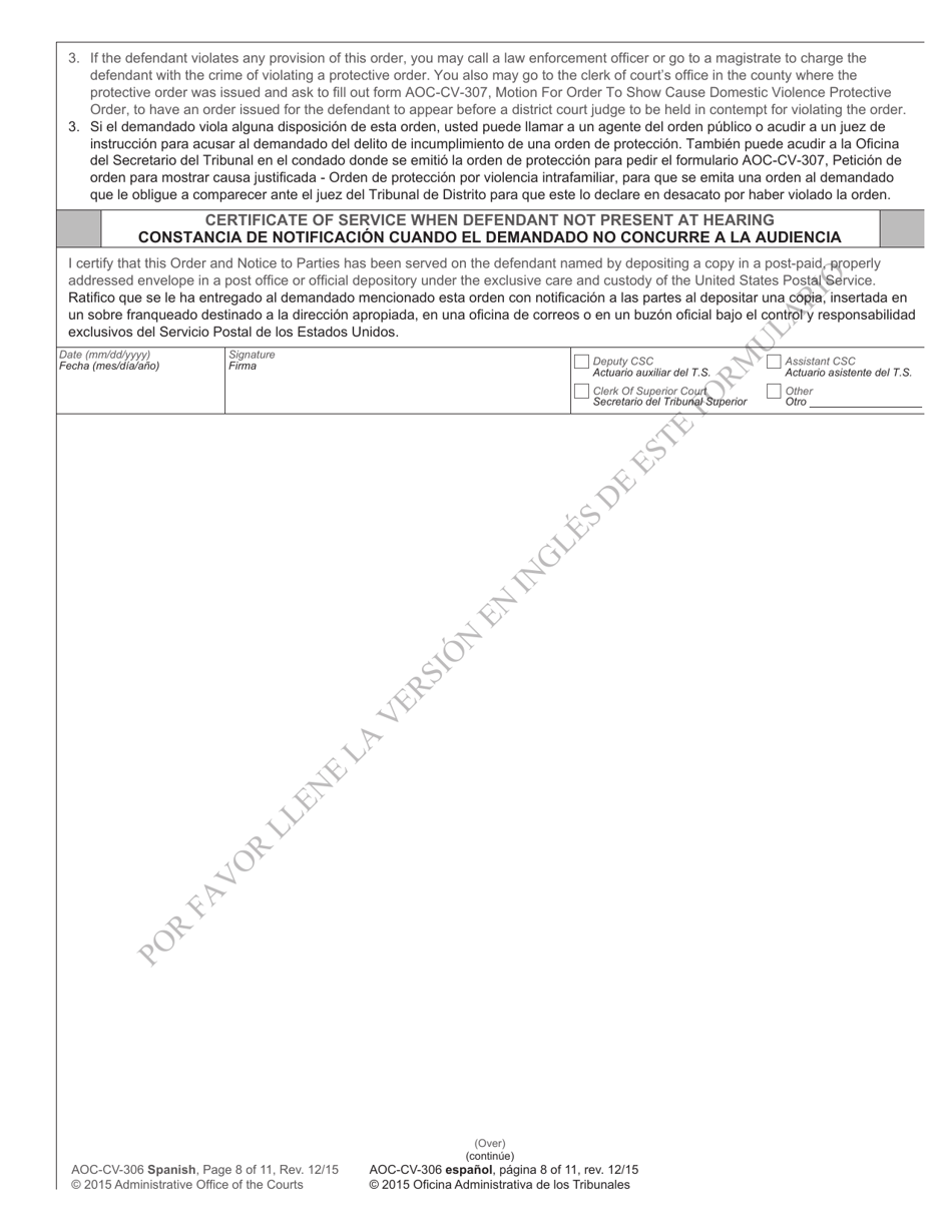 Form AOC-CV-306 Domestic Violence Order of Protection - North Carolina (English / Spanish), Page 8