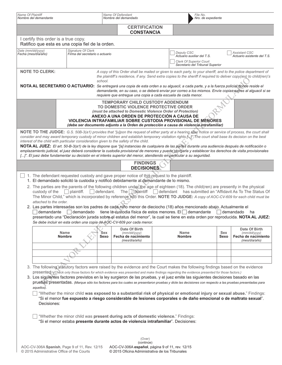 Form AOC-CV-306 Domestic Violence Order of Protection - North Carolina (English / Spanish), Page 9