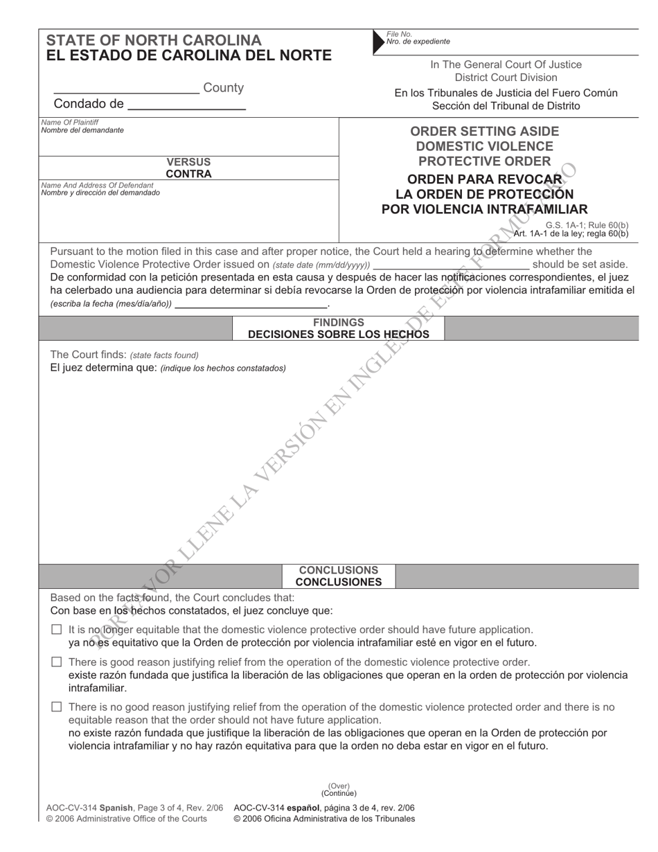 Form AOC-CV-314 Order Renewing Domestic Violence Protective Order - North Carolina (English / Spanish), Page 3