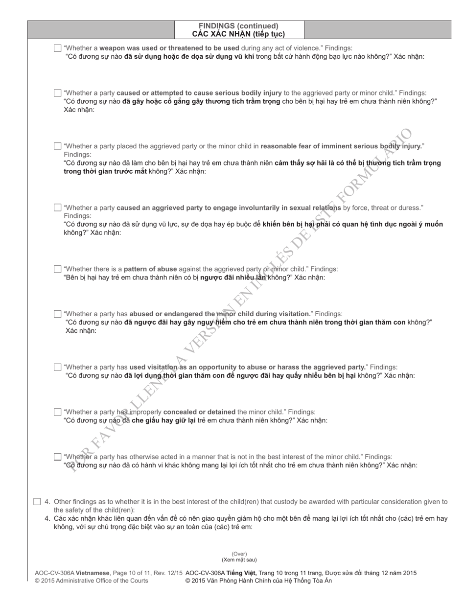 Form AOC-CV-306 Domestic Violence Order of Protection / Consent Order - North Carolina (English / Vietnamese), Page 10
