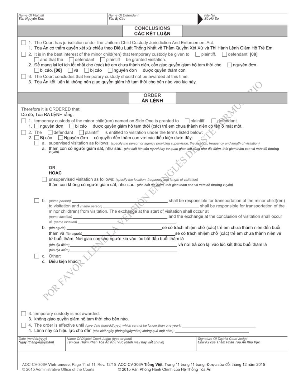 Form AOC-CV-306 Domestic Violence Order of Protection / Consent Order - North Carolina (English / Vietnamese), Page 11
