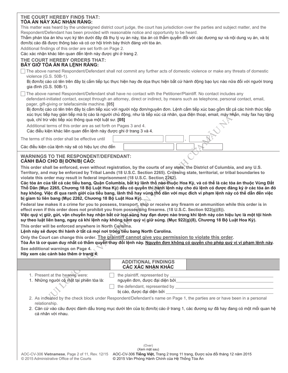 Form AOC-CV-306 Domestic Violence Order of Protection / Consent Order - North Carolina (English / Vietnamese), Page 2