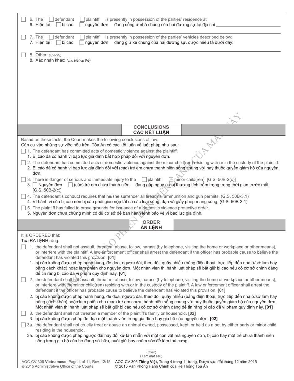 Form AOC-CV-306 Domestic Violence Order of Protection / Consent Order - North Carolina (English / Vietnamese), Page 4