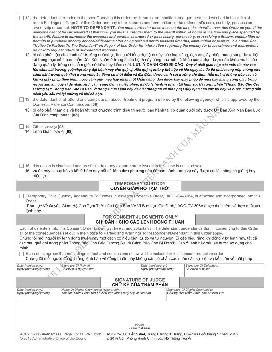 Form AOC-CV-306 Domestic Violence Order of Protection / Consent Order - North Carolina (English / Vietnamese), Page 6