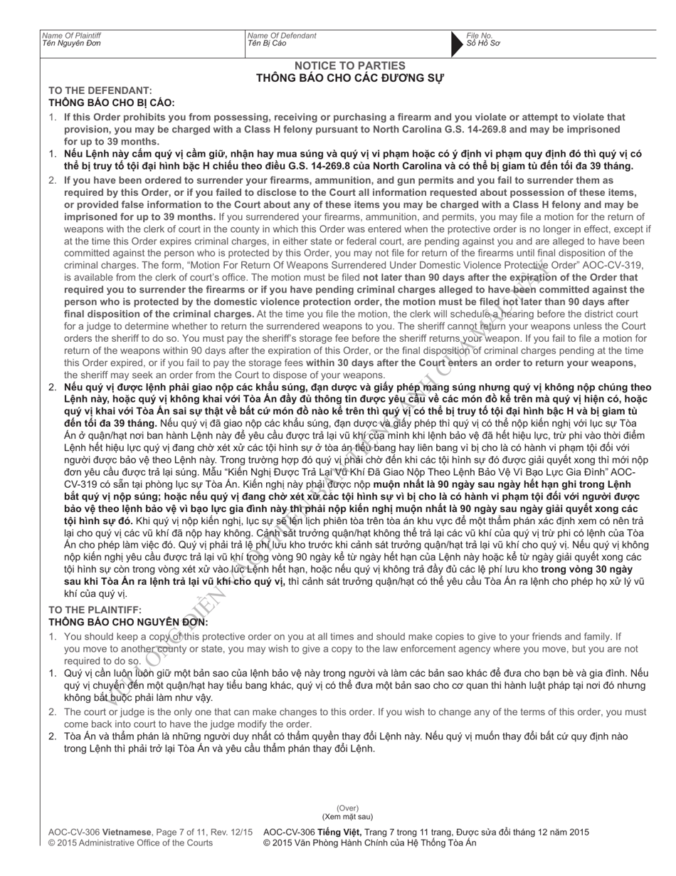 Form AOC-CV-306 Domestic Violence Order of Protection / Consent Order - North Carolina (English / Vietnamese), Page 7