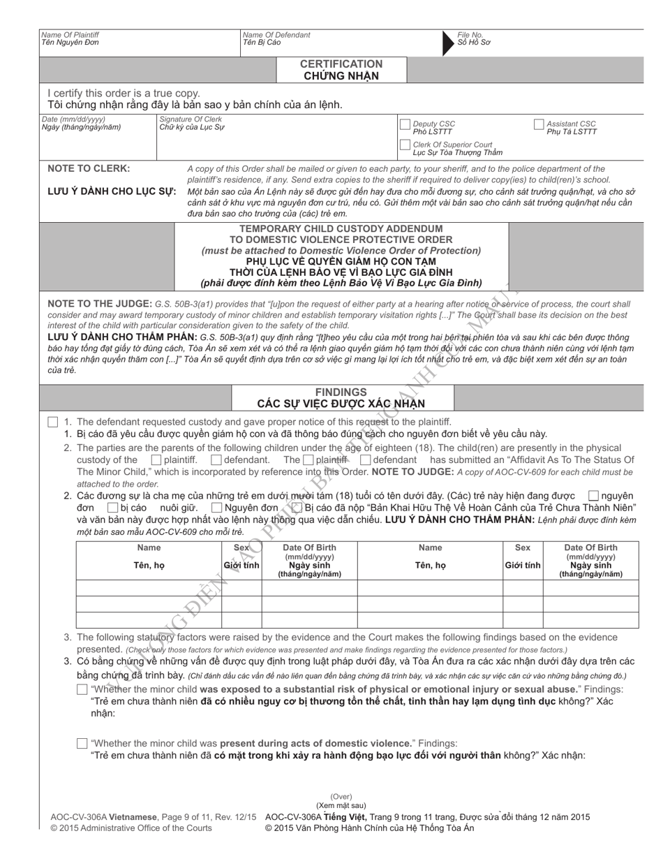 Form AOC-CV-306 Domestic Violence Order of Protection / Consent Order - North Carolina (English / Vietnamese), Page 9