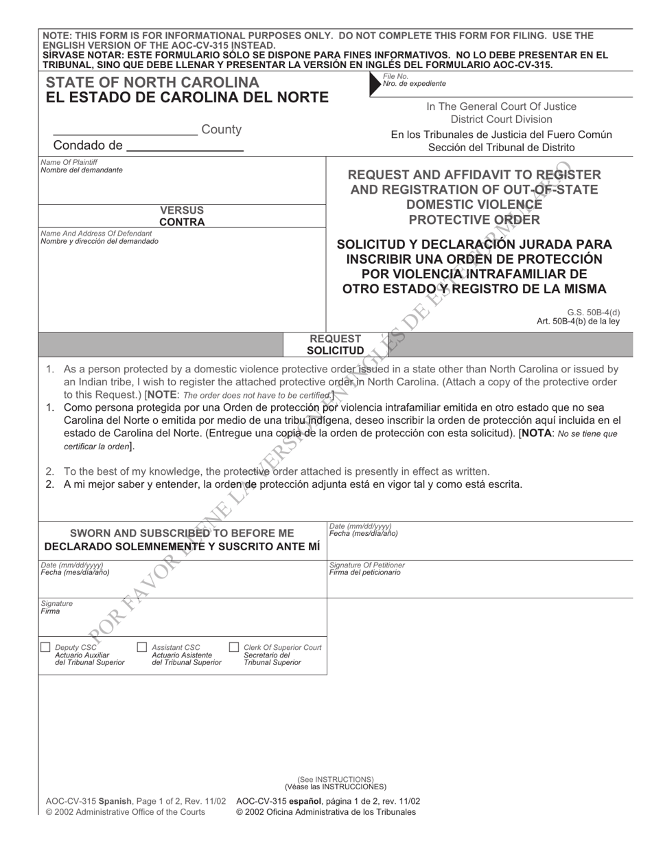 Form AOC-CV-315 Request and Affidavit to Register and Registration of Out-of-State Domestic Violence Protective Order - North Carolina (English / Spanish), Page 1