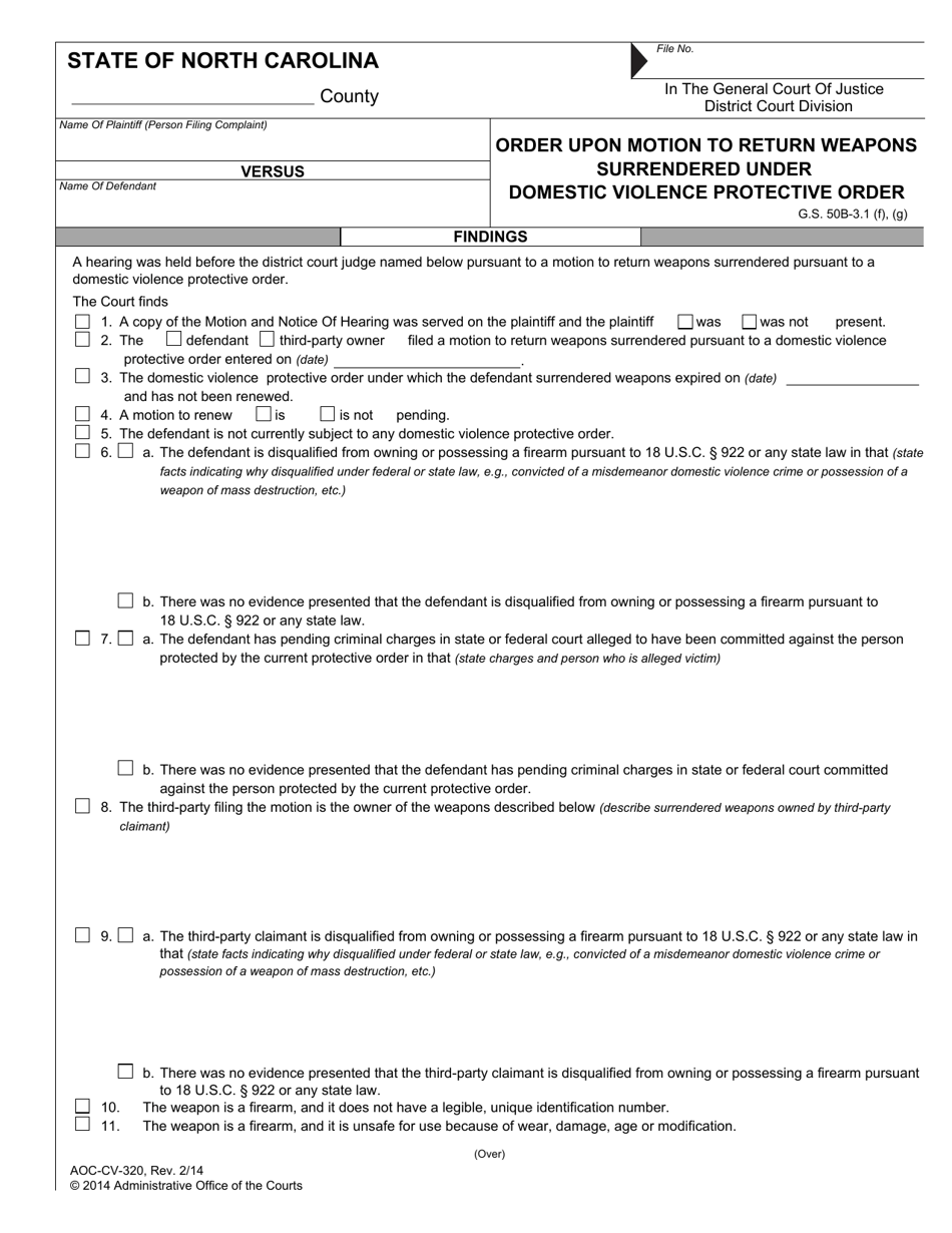 Form AOC-CV-320 Order Upon Motion to Return Weapons Surrendered Under Domestic Violence Protective Order - North Carolina, Page 1