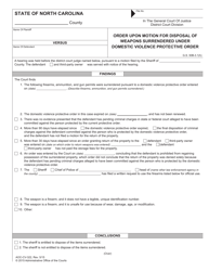 Document preview: Form AOC-CV-322 Order Upon Motion for Disposal of Weapons Surrendered Under Domestic Violence Protective Order - North Carolina