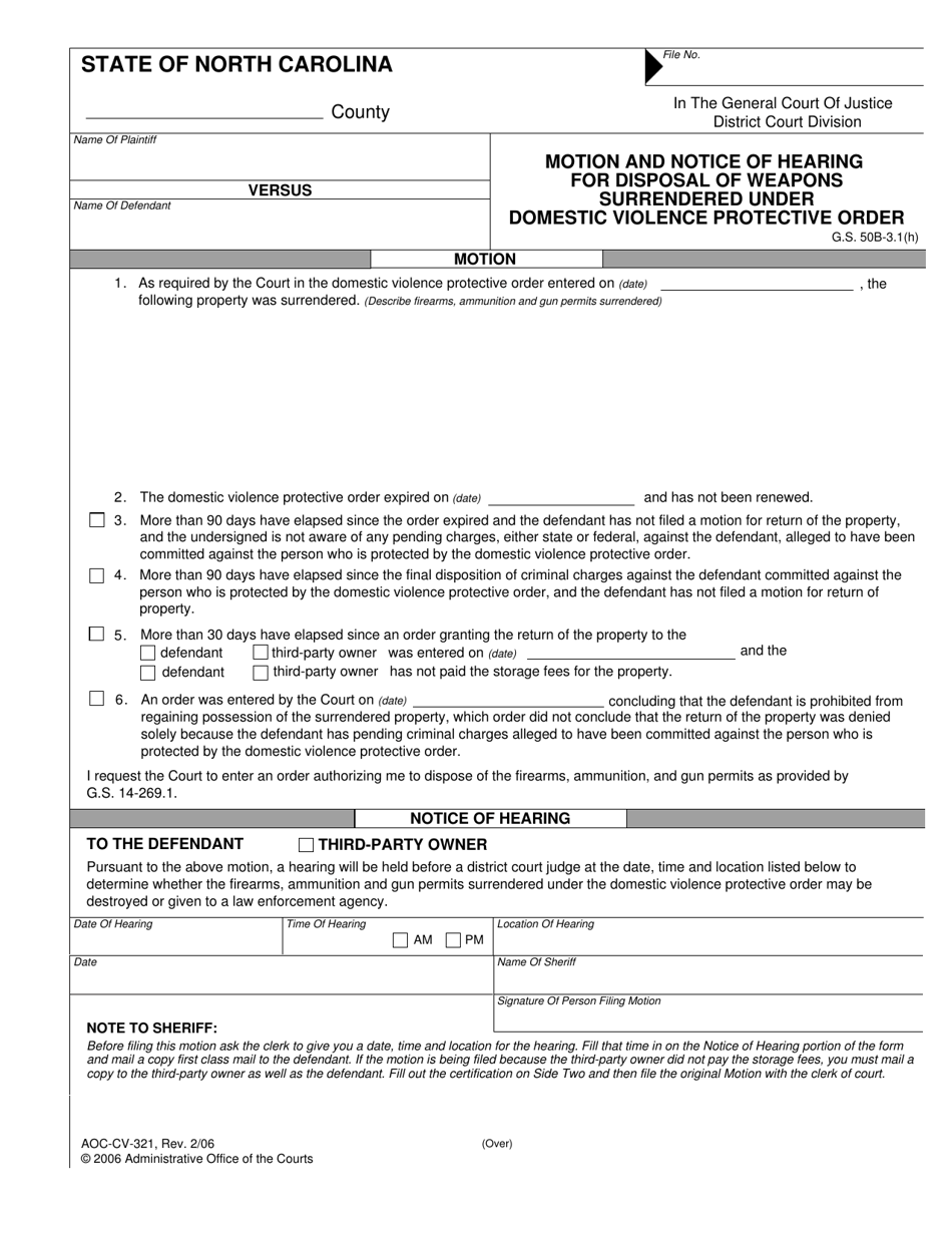 Form AOC-CV-321 Motion and Notice of Hearing for Disposal of Weapons Surrendered Under Domestic Violence Protective Order - North Carolina, Page 1