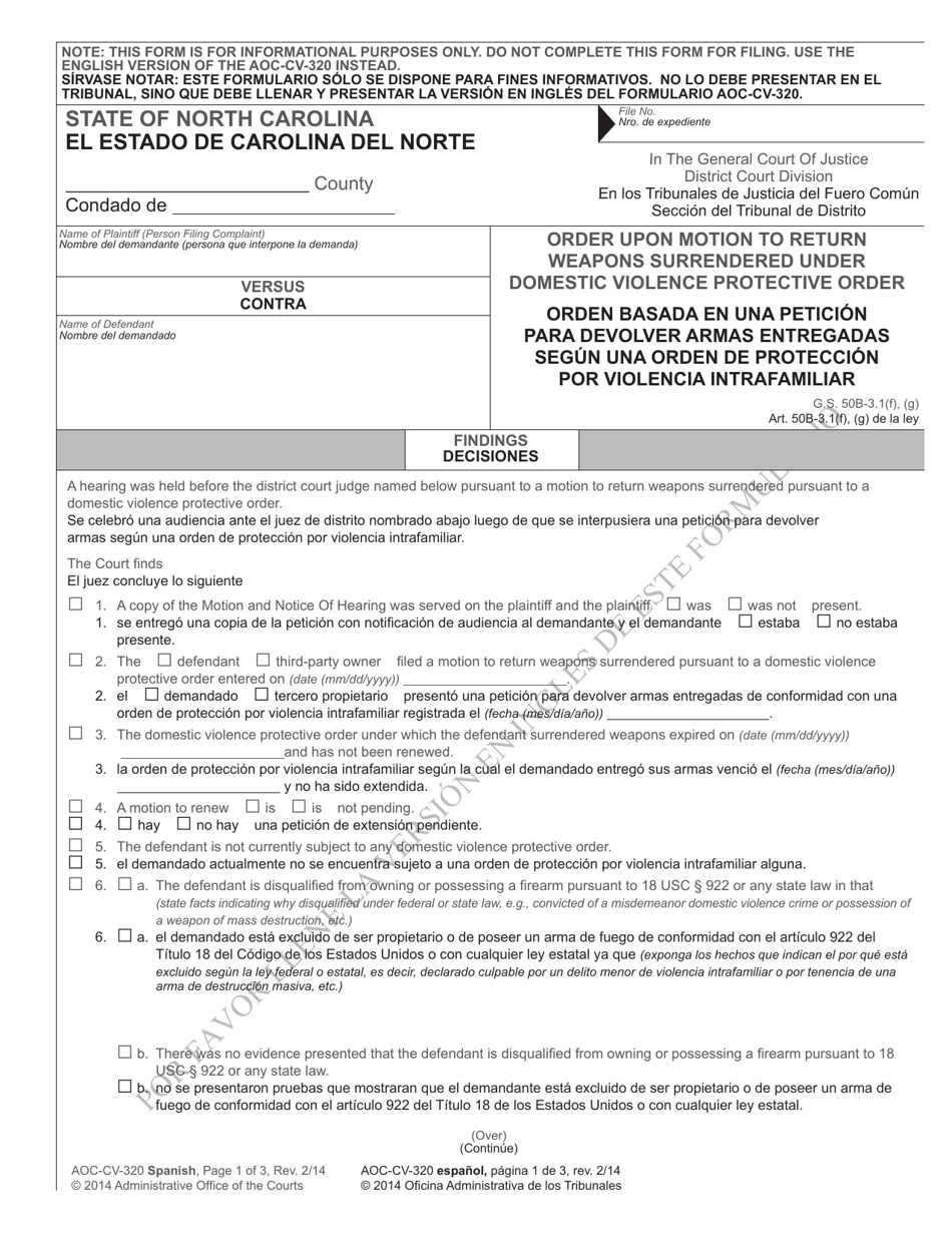 Form AOC-CV-320 Order Upon Motion to Return Weapons Surrendered Under Domestic Violence Protective Order - North Carolina (English / Spanish), Page 1