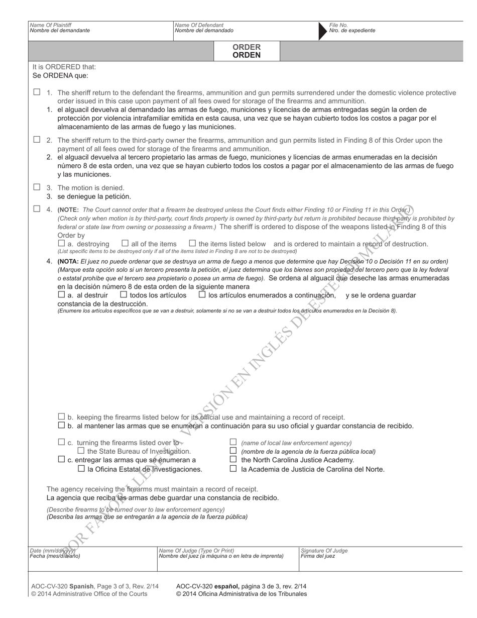 Form AOC-CV-320 Order Upon Motion to Return Weapons Surrendered Under Domestic Violence Protective Order - North Carolina (English / Spanish), Page 3
