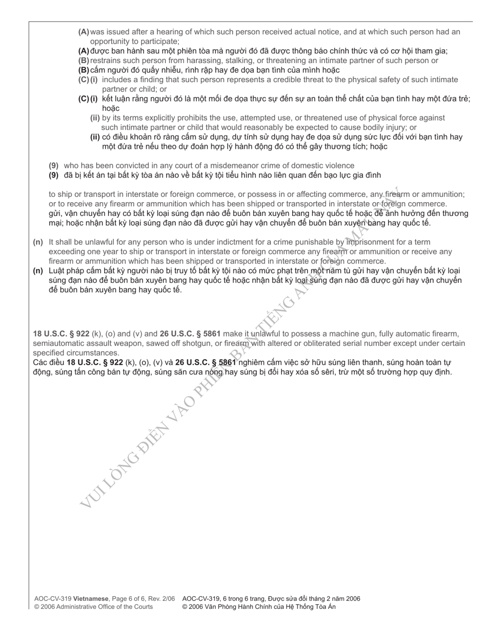 Form AOC-CV-319 Motion for Return of Weapons Surrendered Under Domestic Violence Protective Order and Notice Hearing - North Carolina (English / Vietnamese), Page 6