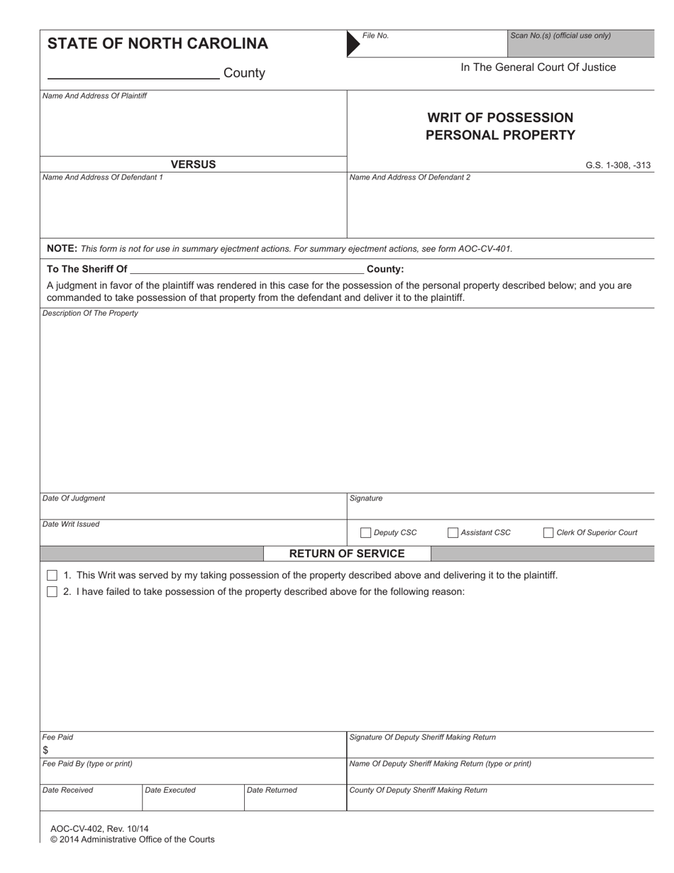 Form AOC-CV-402 Writ of Possession Personal Property - North Carolina, Page 1