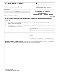 Document preview: Form AOC-CV-404 Certificate of Payment on Judgment - Payment in Full/Partial Payment - North Carolina