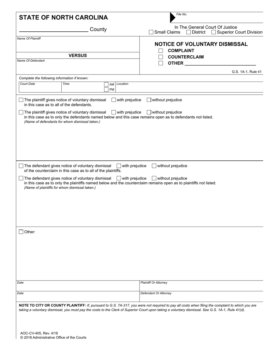 Form AOC-CV-405 Notice of Voluntary Dismissal - North Carolina, Page 1