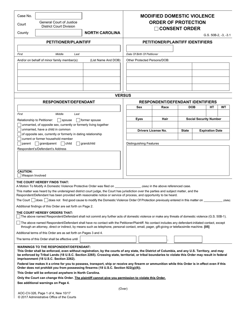 Form AOC-CV-326 Modified Domestic Violence Order of Protection - North Carolina, Page 1