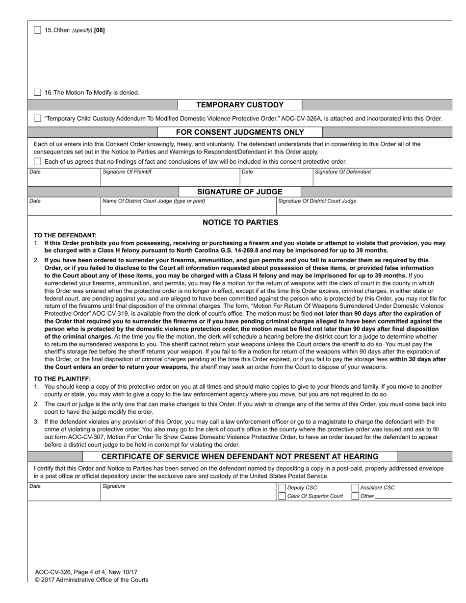 Form AOC-CV-326 Modified Domestic Violence Order of Protection - North Carolina, Page 4