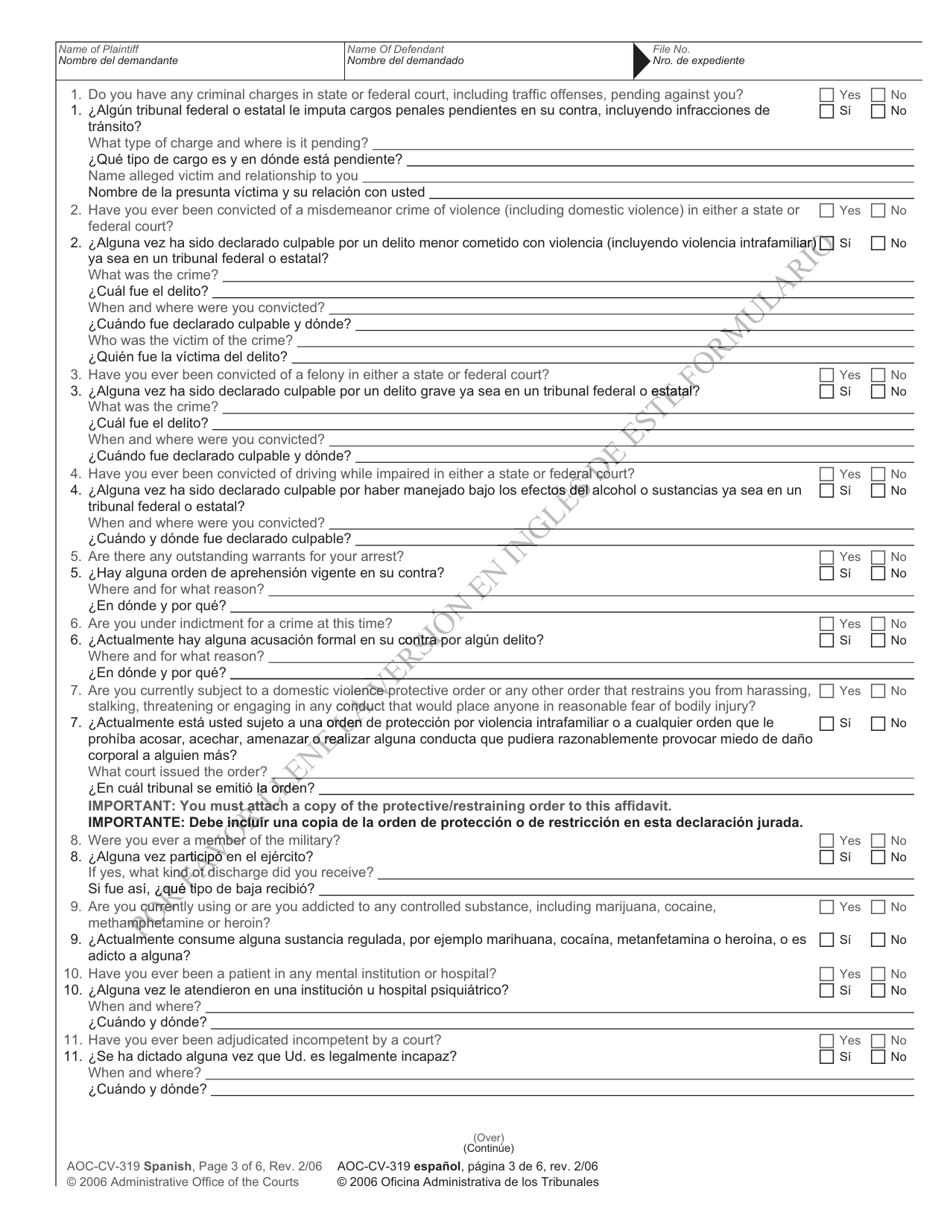 Form AOC-CV-319 SPANISH Motion for Return of Weapons Surrendered Under Domestic Violence Protective Order and Notice of Hearing - North Carolina (English / Spanish), Page 3