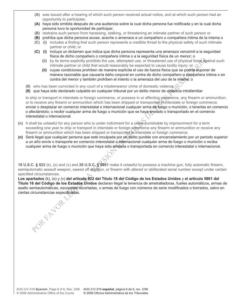 Form AOC-CV-319 SPANISH Motion for Return of Weapons Surrendered Under Domestic Violence Protective Order and Notice of Hearing - North Carolina (English / Spanish), Page 6