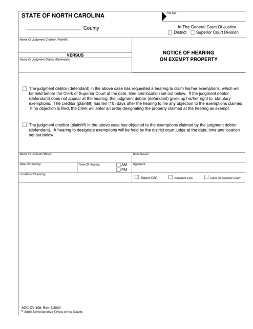 Form AOC-CV-408 Notice of Hearing on Exempt Property - North Carolina