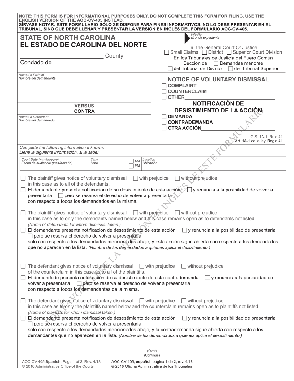 Form AOC-CV-405 SPANISH Notice of Voluntary Dismissal - North Carolina (English / Spanish), Page 1