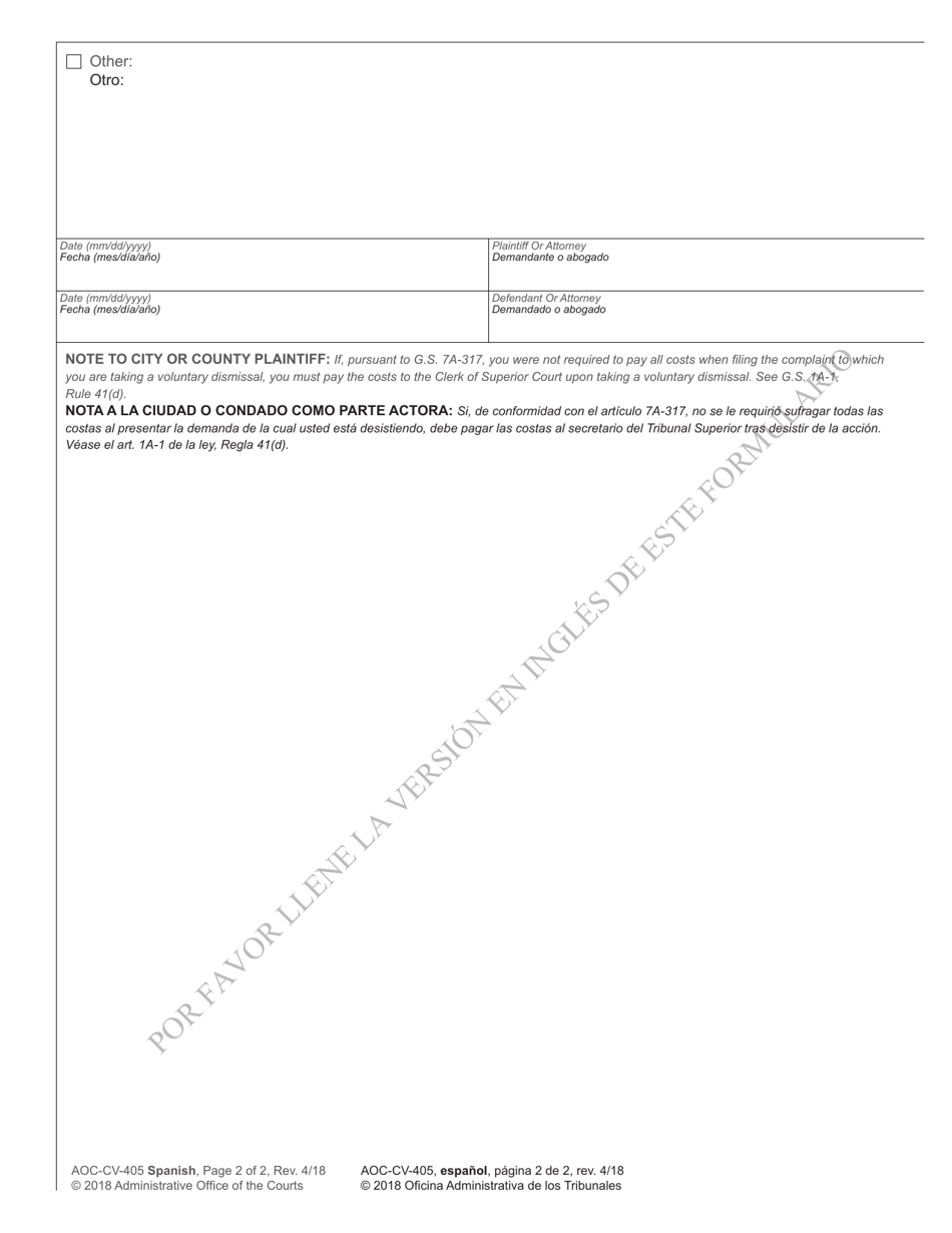 Form AOC-CV-405 SPANISH Notice of Voluntary Dismissal - North Carolina (English / Spanish), Page 2