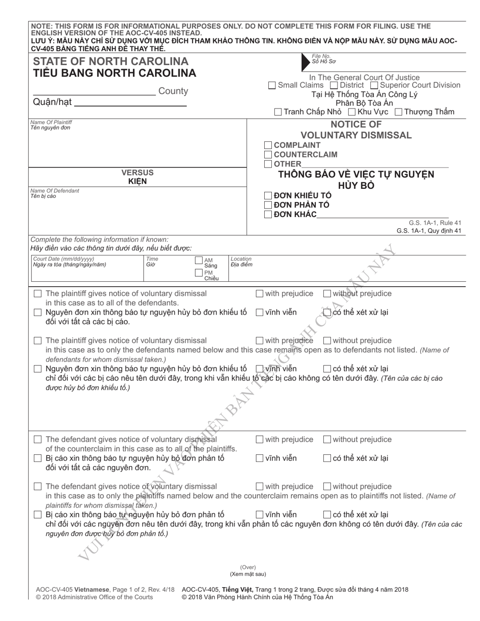 Form AOC-CV-405 VIETNAMESE Notice of Voluntary Dismissal - North Carolina (English / Vietnamese), Page 1