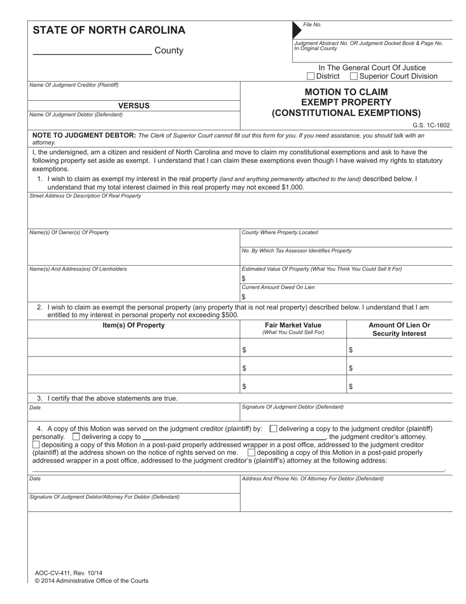 Form AOC-CV-411 Motion to Claim Exempt Property (Constitutional Exemptions) - North Carolina, Page 1