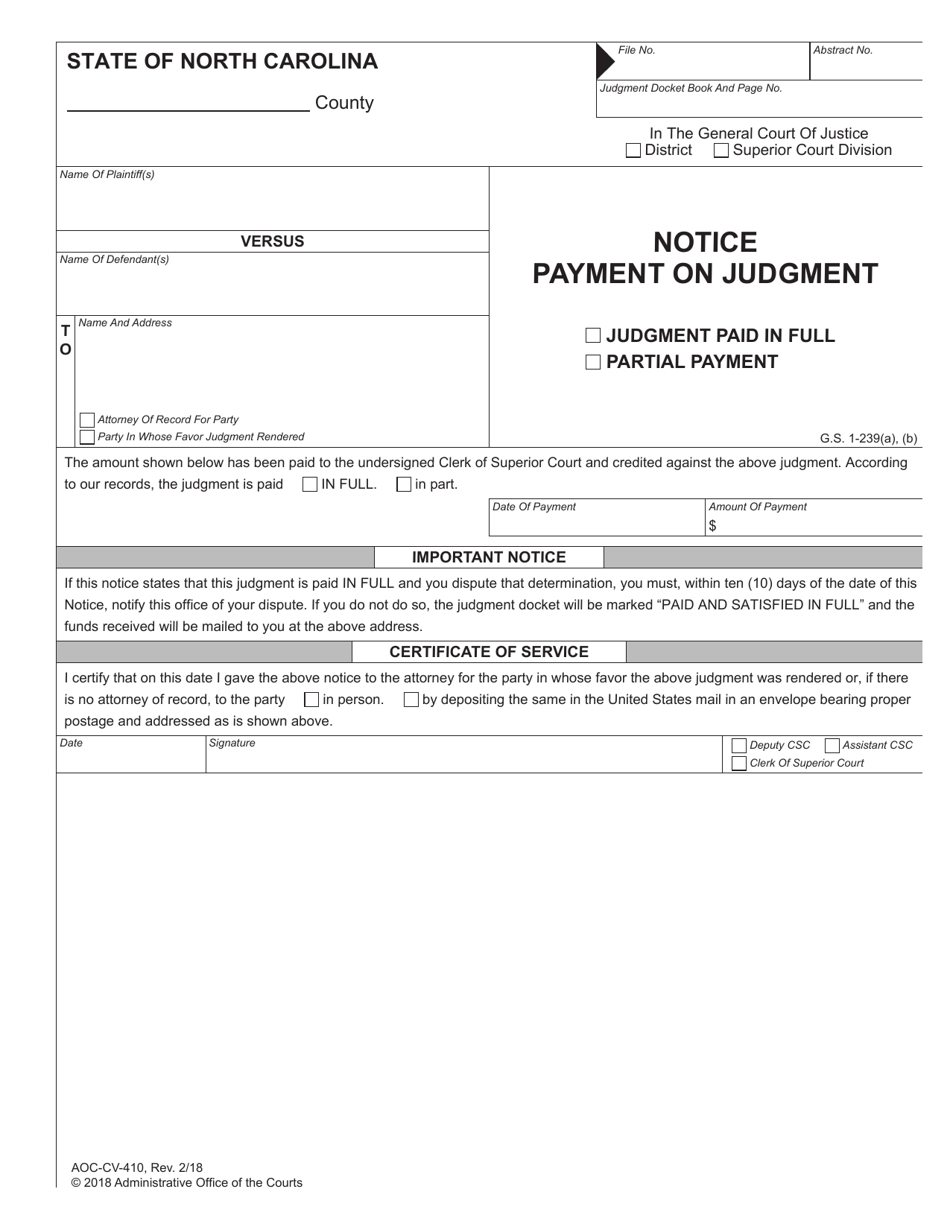 Form AOC-CV-410 Notice - Payment on Judgment - Judgement Paid in Full / Partial Payment - North Carolina, Page 1