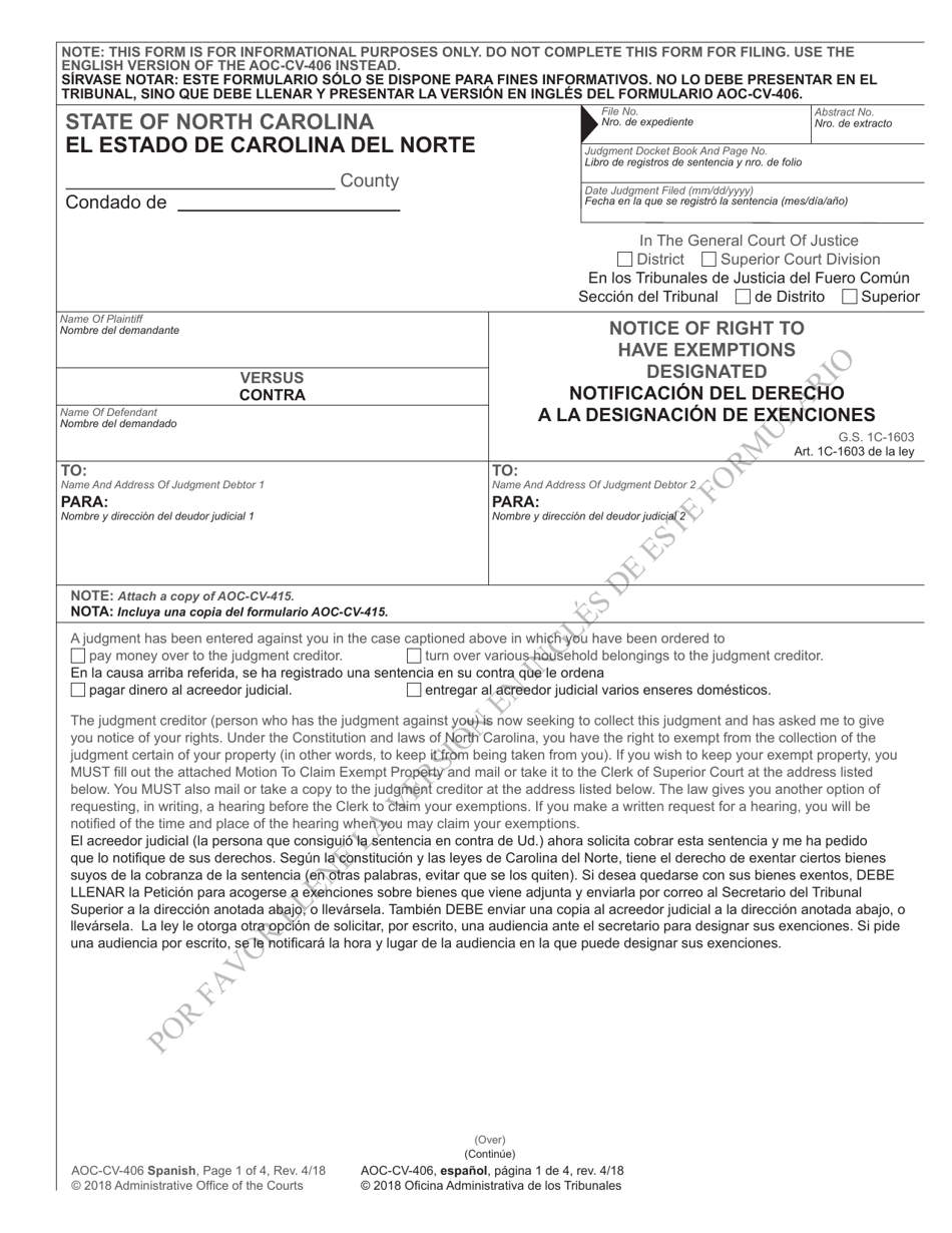 Form AOC-CV-406 SPANISH Notice of Right to Have Exemptions Designated - North Carolina (English / Spanish), Page 1