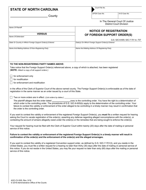 Form AOC-CV-505 Notice of Registration of Foreign Support Order(S) - North Carolina
